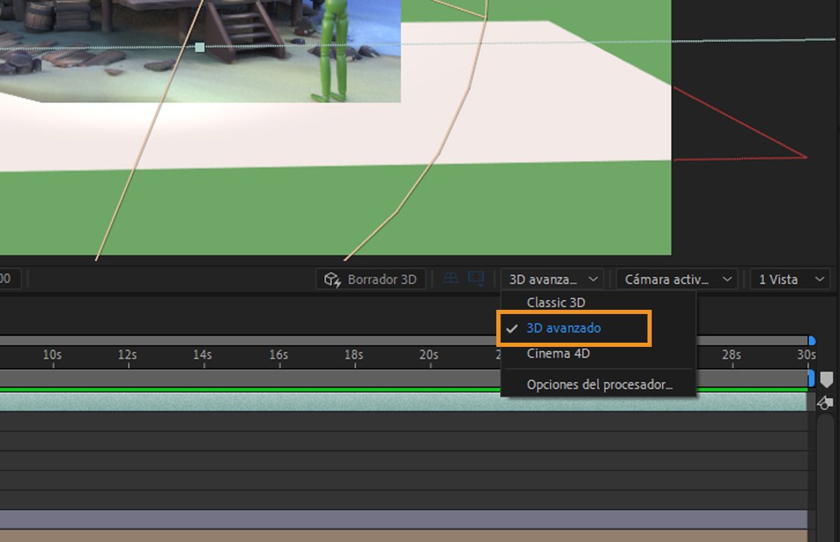 El menú desplegable Procesador 3D muestra la lista de opciones disponibles: Clásico 3D, Avanzado 3D, Cinema 4D y Opciones de procesador. 3D avanzado está seleccionado en la lista de procesadores.