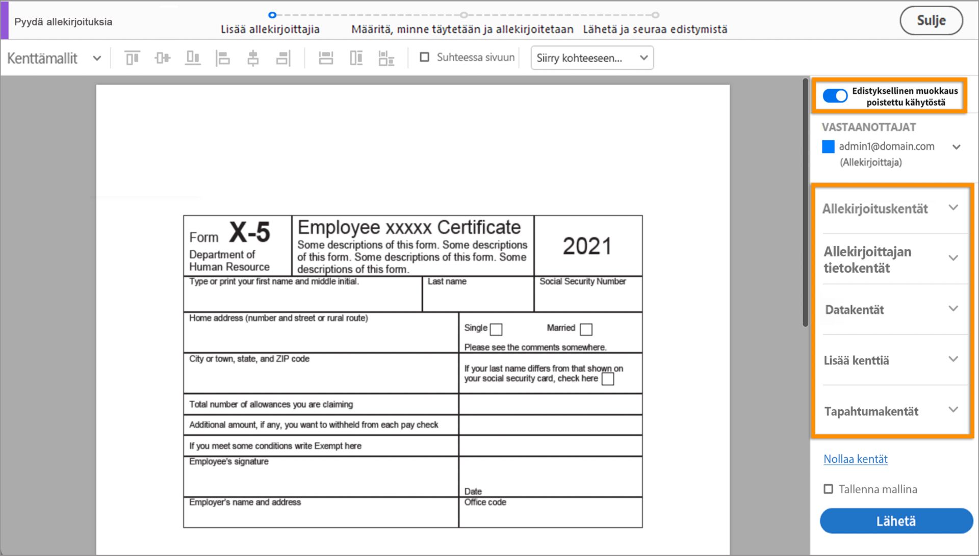 Edistyksellinen tila useille allekirjoittajille