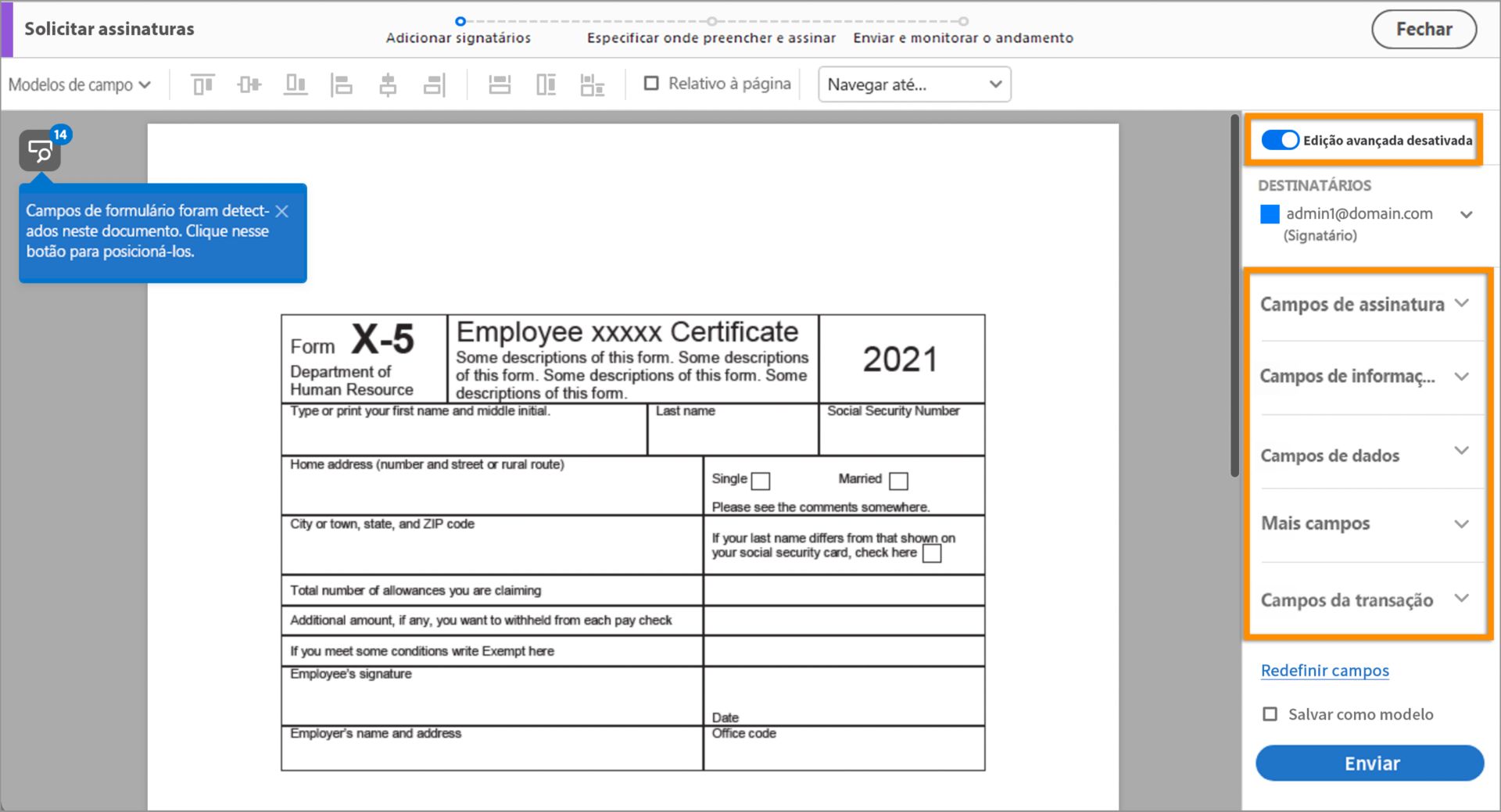 Modo avançado para vários signatários