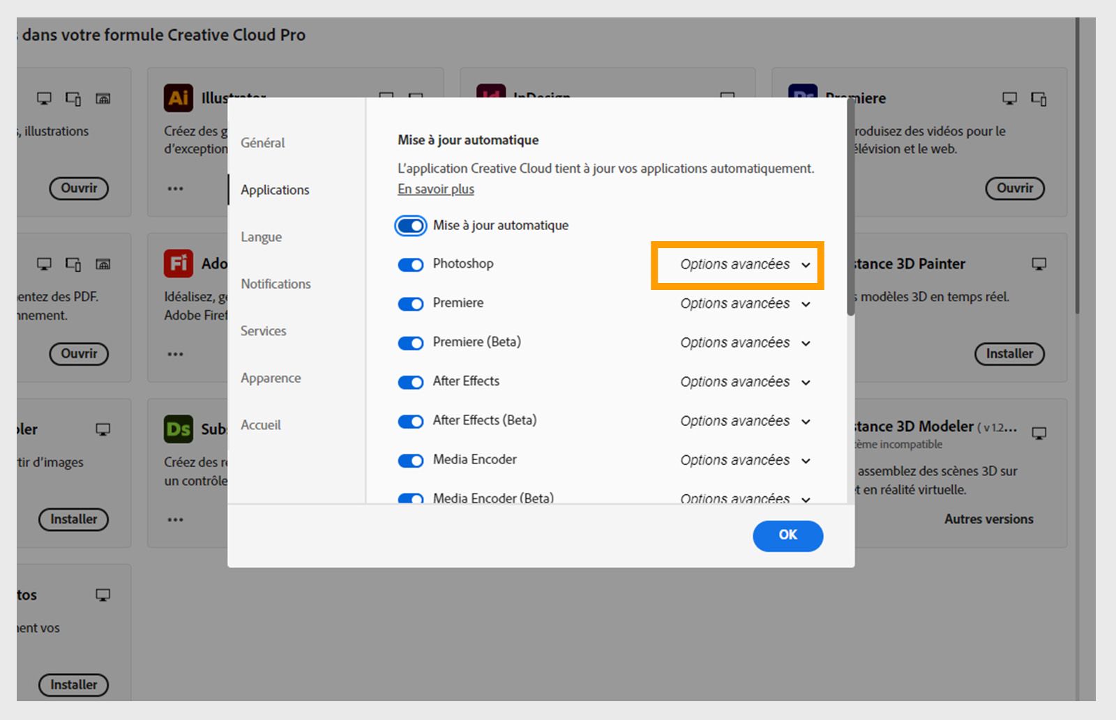 L'onglet Applications dans la fenêtre Préférences affiche les sections de mise à jour automatique avec des options pour activer ou désactiver les mises à jour automatiques pour toutes les applications et les applications individuelles, et afficher les options avancées.
