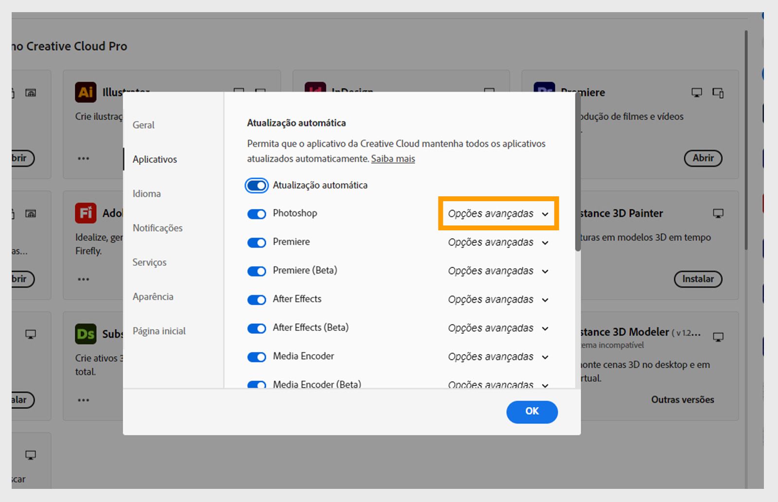 A guia “Aplicativos” da janela “Preferências” mostra as seções de atualização automática, com opções de ativar ou desativar as atualizações automáticas para todos os aplicativos e aplicativos individuais, e de exibir as opções avançadas.