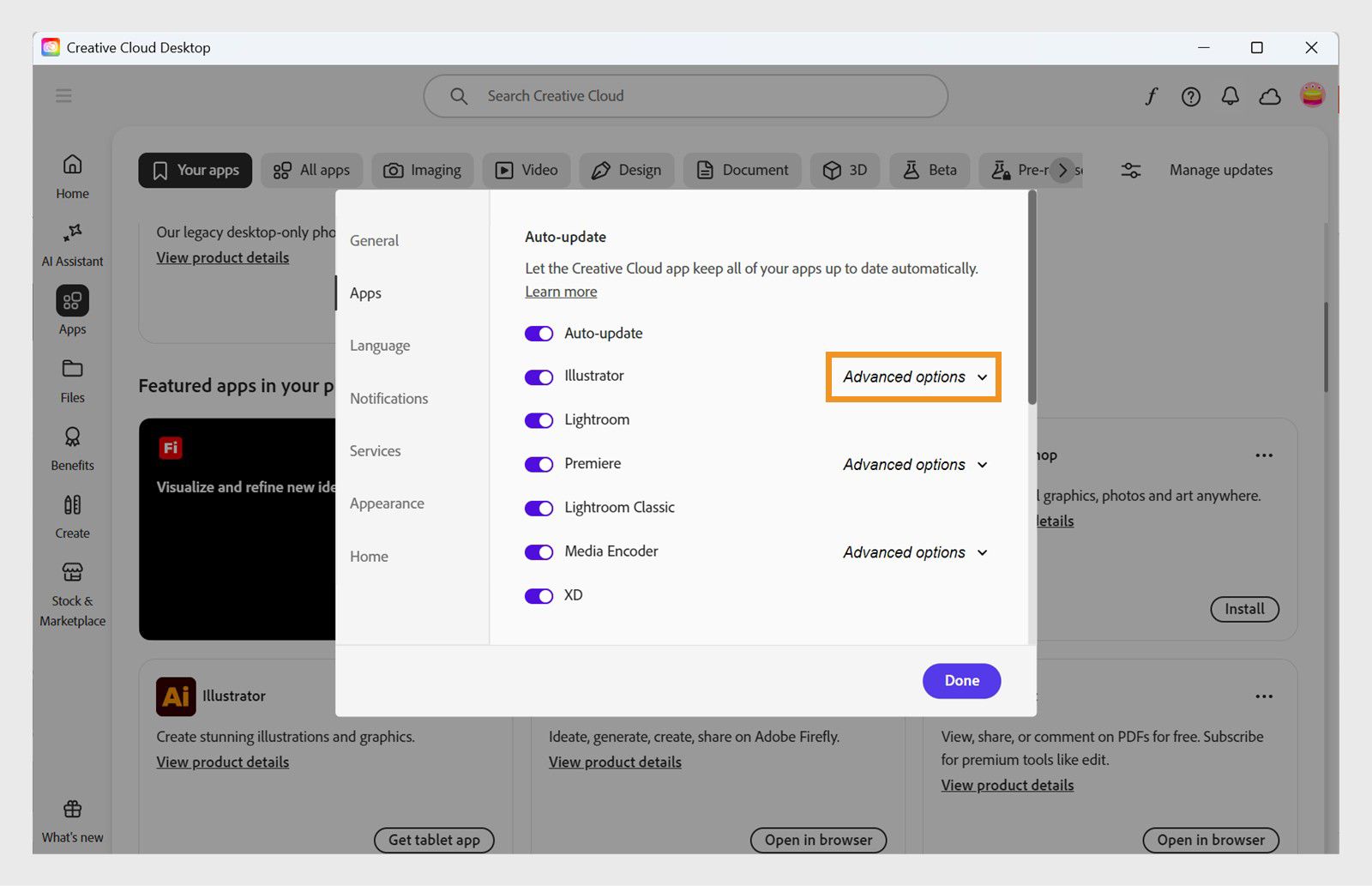 Skirtuke „Programos“, esančiame lange „Nuostatos“, rodomos automatinio naujinimo skiltys su parinktimis įjungti arba išjungti automatinį naujinimą visoms programoms ir atskiroms programoms bei rodyti išplėstines parinktis.