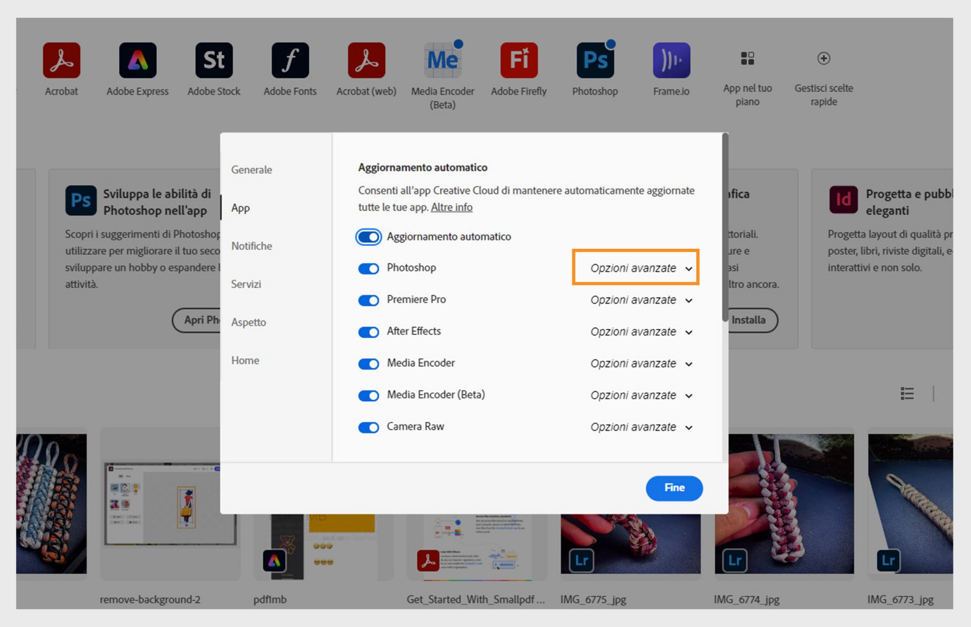 La scheda Applicazioni nella finestra Preferenze mostra le sezioni di Aggiornamento automatico con le opzioni per attivare o disattivare gli aggiornamenti automatici per tutte le app e le singole applicazioni, e visualizzare le opzioni avanzate.