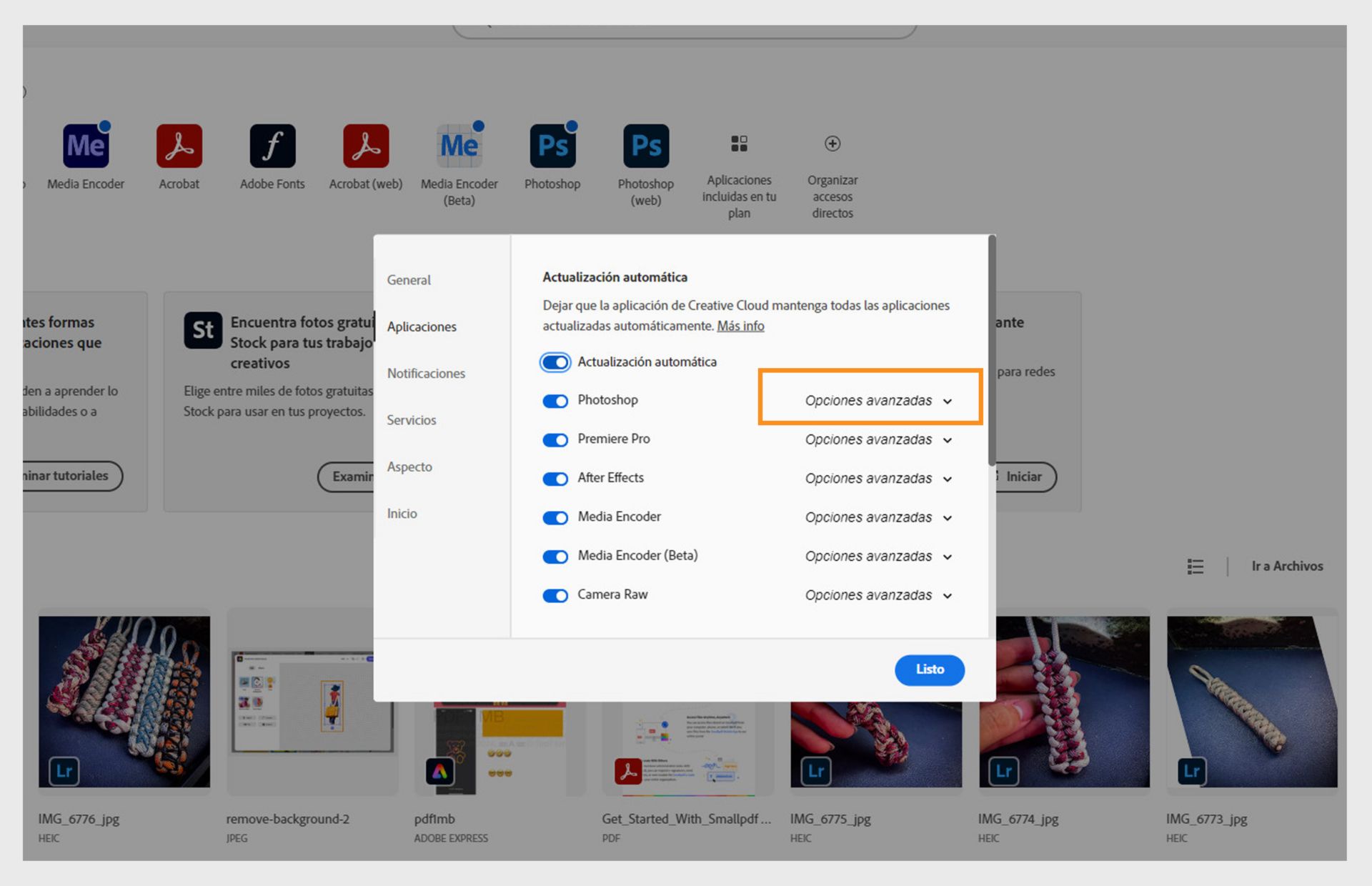 La pestaña Aplicaciones en la ventana Preferencias muestra las secciones de Actualización automática con opciones para activar o desactivar las actualizaciones automáticas para todas las aplicaciones y aplicaciones individuales, y mostrar opciones avanzadas.