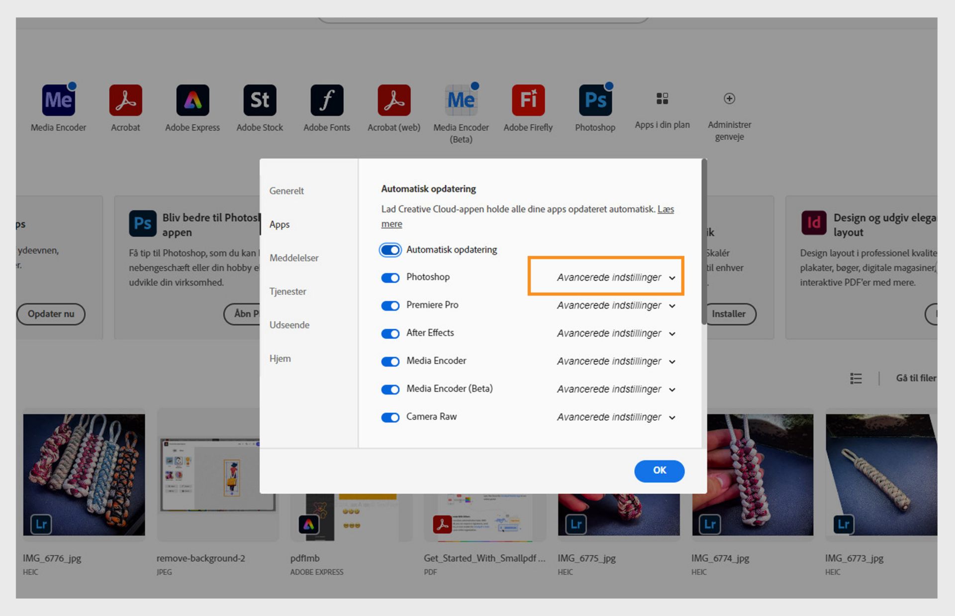 Fanen Apps i vinduet Præferencer viser sektionerne for Automatisk opdatering med muligheder for at slå automatiske opdateringer til eller fra for alle apps og individuelle apps samt vise avancerede indstillinger.