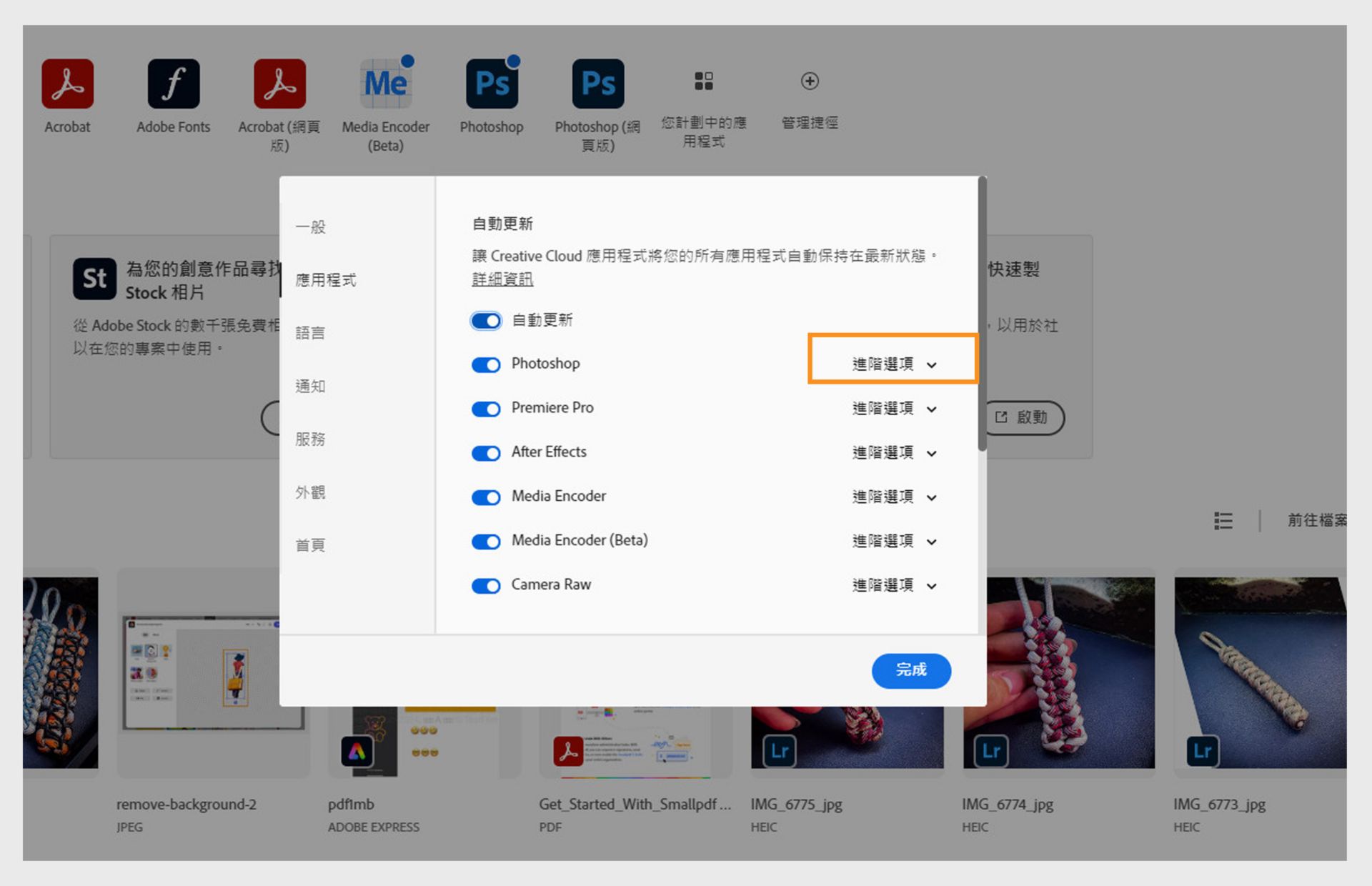 「偏好設定」視窗中的「應用程式」標籤顯示「自動更新」區段，其中包含為所有應用程式和個別應用程式開啟或關閉自動更新的選項，並顯示進階選項。