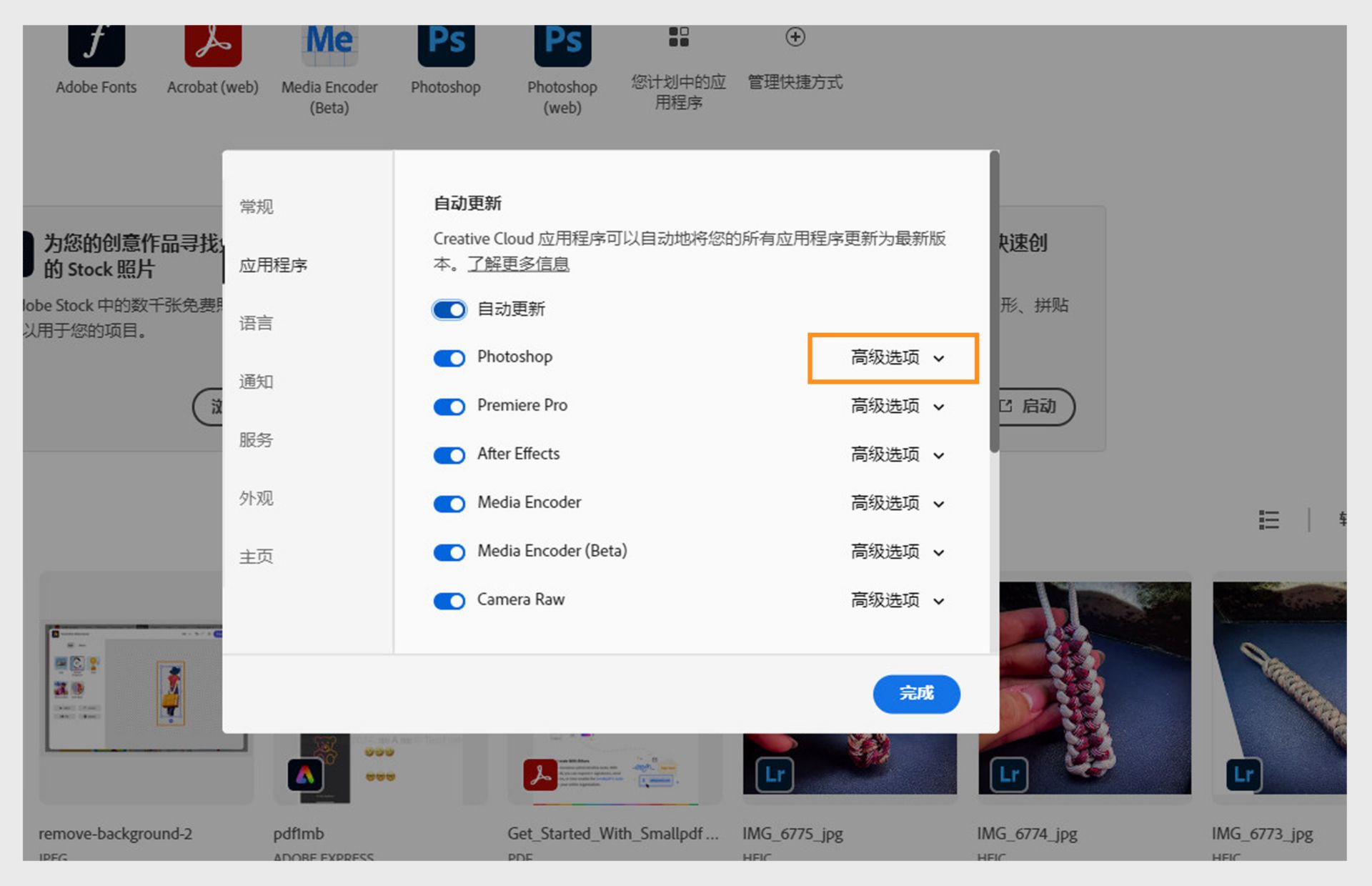 “首选项”窗口中的“应用程序”选项卡显示“自动更新”部分，其中包含为所有应用程序和单个应用程序打开或关闭自动更新的选项，还会显示高级选项。