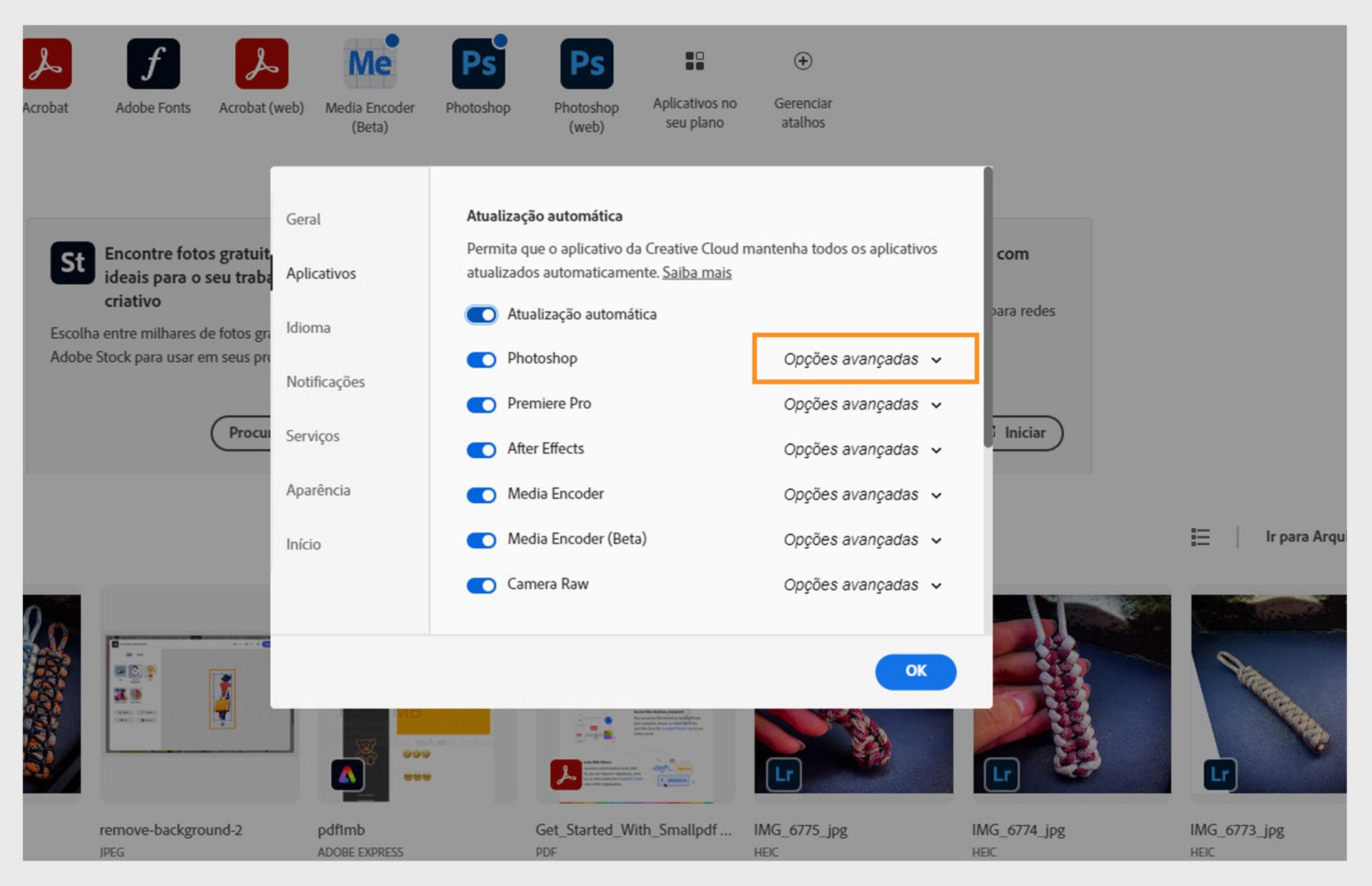 A guia “Aplicativos” da janela “Preferências” mostra as seções de atualização automática, com opções de ativar ou desativar as atualizações automáticas para todos os aplicativos e aplicativos individuais, e de exibir as opções avançadas.