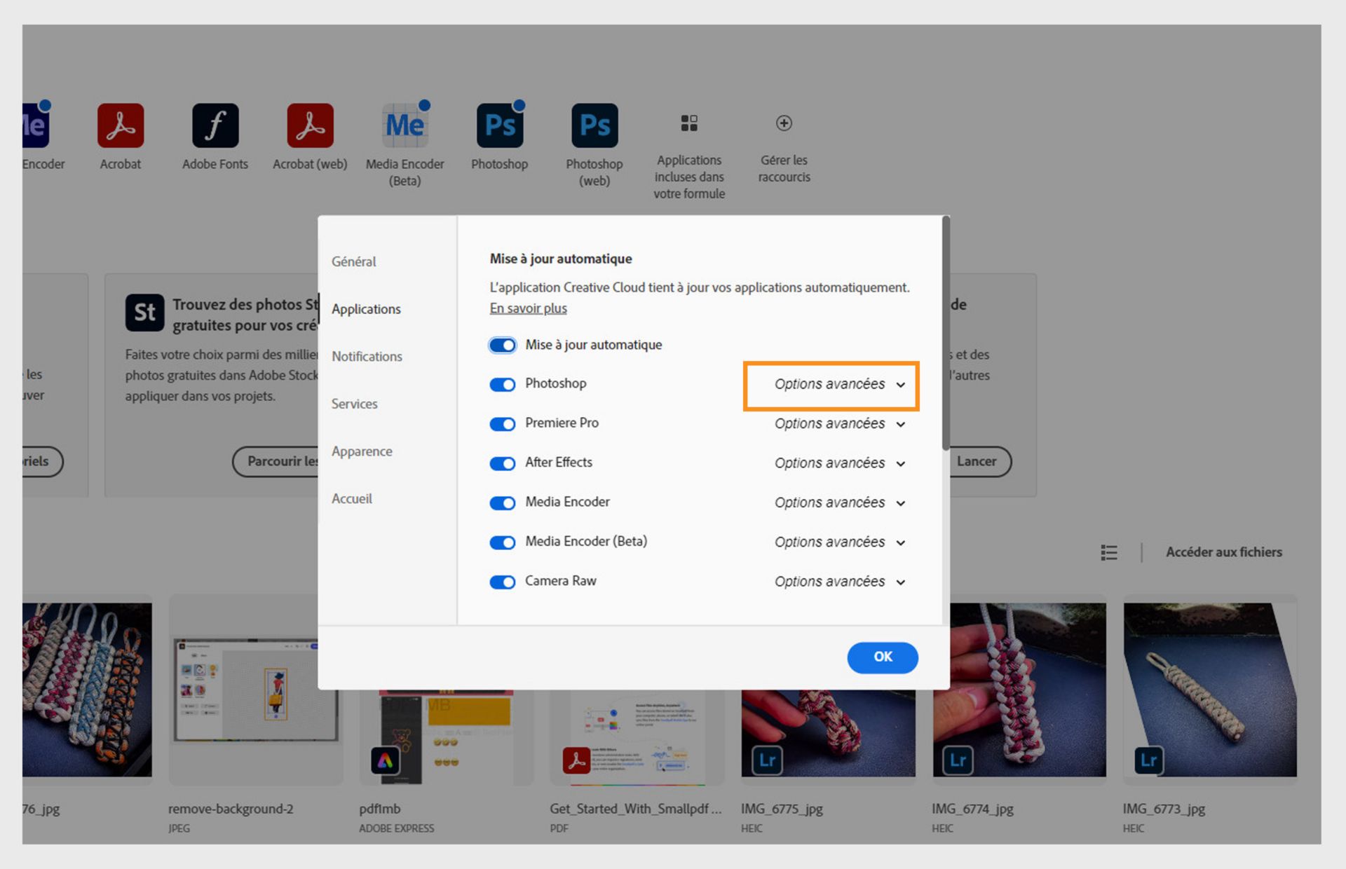 L'onglet Applications dans la fenêtre Préférences affiche les sections de mise à jour automatique avec des options pour activer ou désactiver les mises à jour automatiques pour toutes les applications et les applications individuelles, et afficher les options avancées.