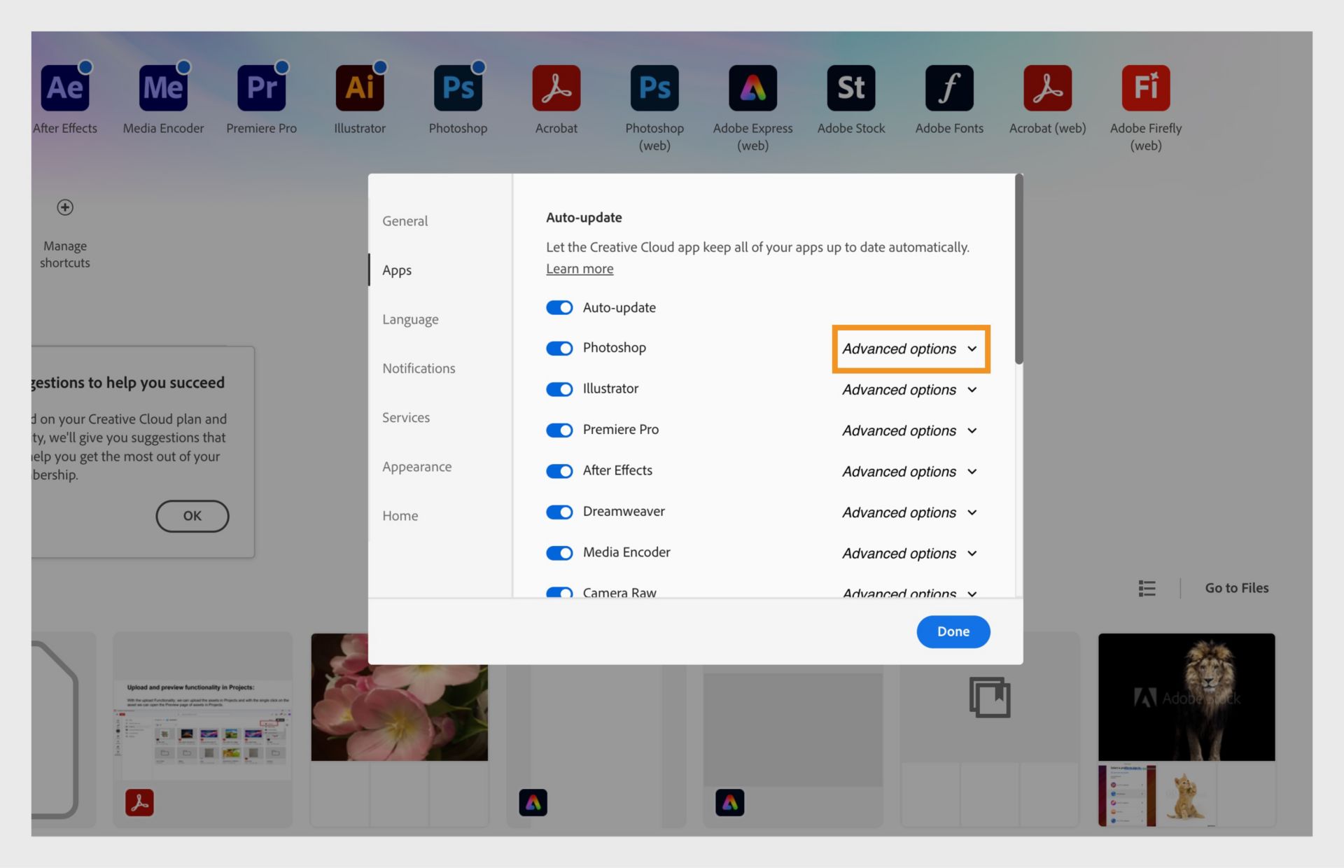 The Apps tab in the Preferences window shows the Auto-update sections with options to turn auto-updates on or off for all apps and individual apps, and display advanced options.