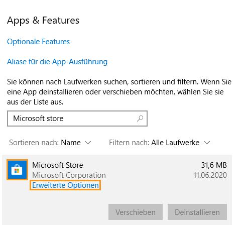Unter „Apps und Features“ können Sie auf „Erweiterte Optionen“ klicken.