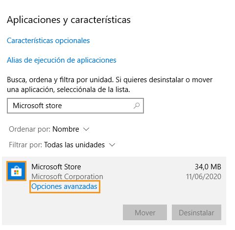 Haga clic en Opciones avanzadas en Aplicaciones y características