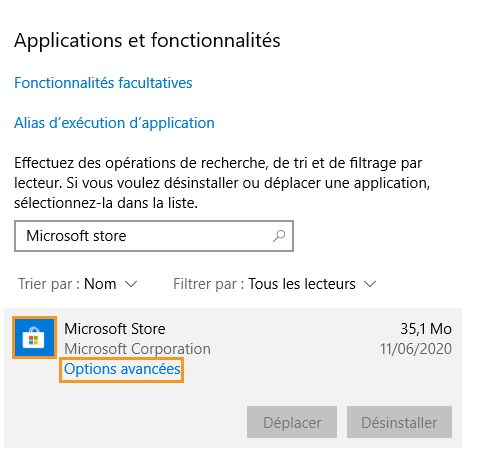Cliquez sur Options avancées sous Applications et fonctionnalités