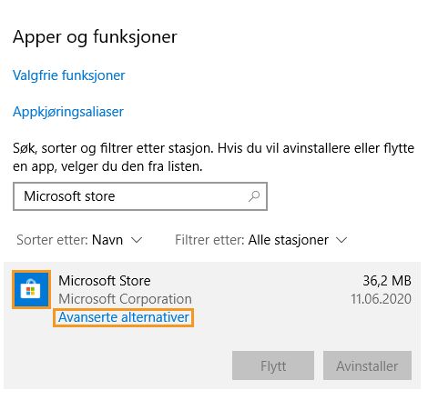 Klikk på Avanserte alternativer under Apper og funksjoner