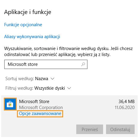 Kliknij przycisk Opcje zaawansowane w obszarze Aplikacje i funkcje