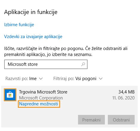Kliknite Napredne možnosti pod Aplikacije in funkcije