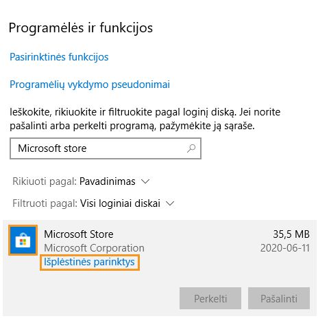 Dalyje „Programos ir funkcijos“ spustelėkite „Išplėstinės parinktys“