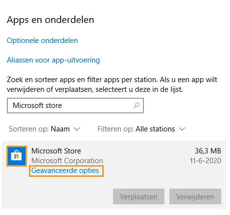 Klik op Geavanceerde opties onder Apps en onderdelen.
