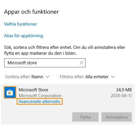 Klicka på Avancerade alternativ under Program och funktioner