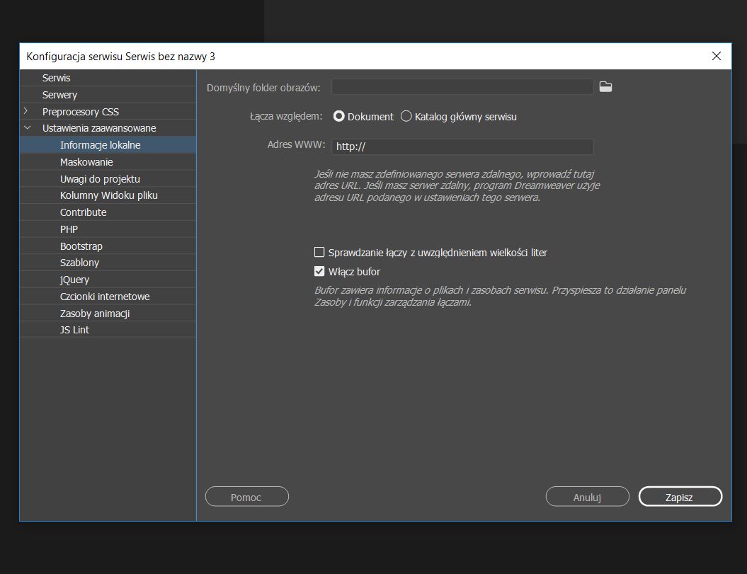 Ustawienia zaawansowane w oknie Konfiguracja serwisu