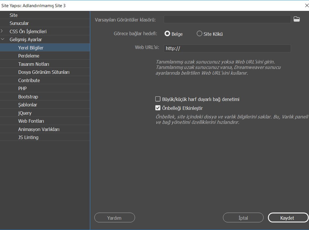 Site ayarları altındaki gelişmiş ayarlar