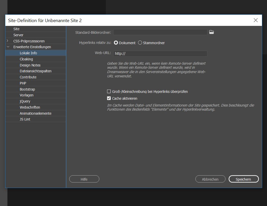 Erweiterte Einstellungen in der Site-Definition
