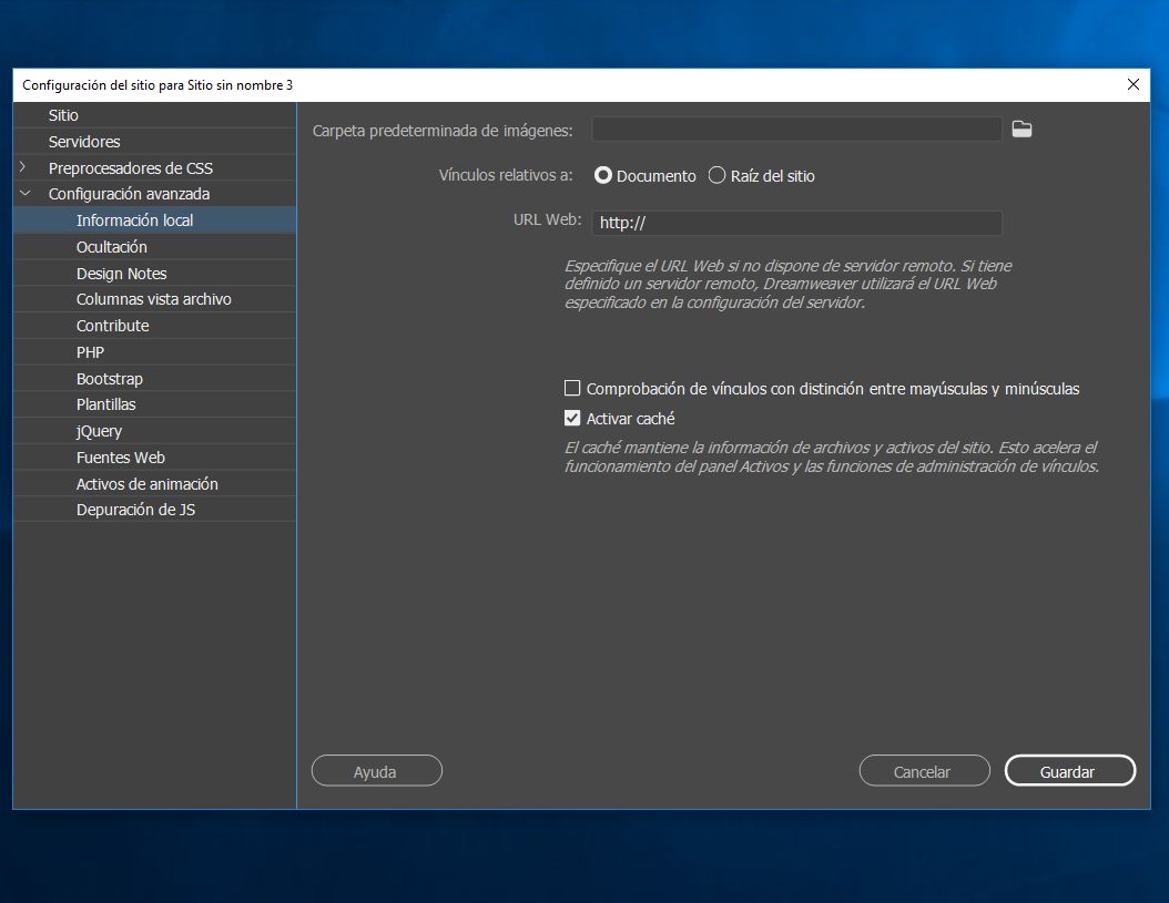 Configuración avanzada en la configuración del sitio