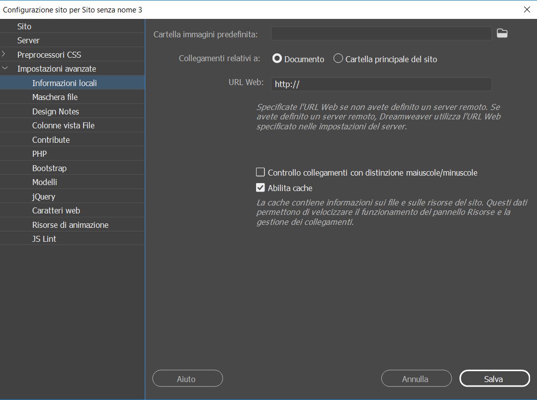 Impostazioni avanzate in Configurazione sito
