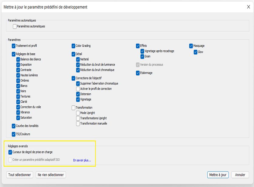 Curseur de degré de prise en charge