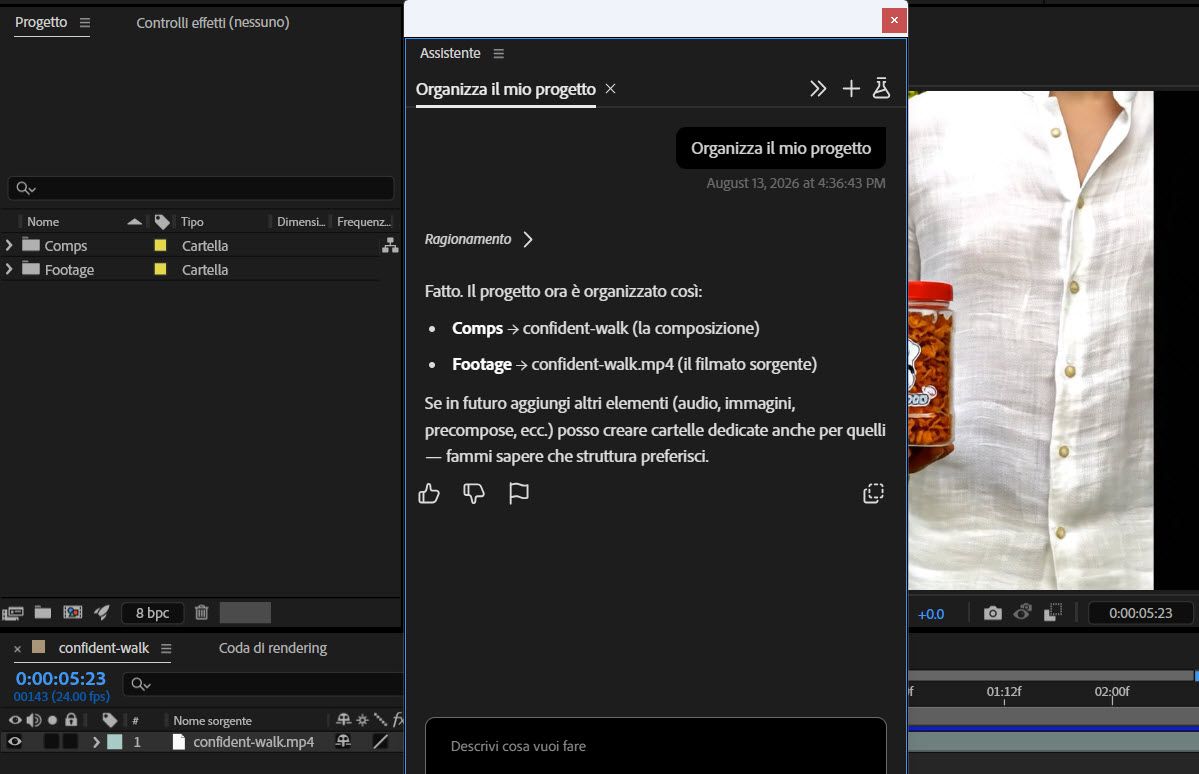 Pannello dell'Assistente che mostra le cartelle del pannello Progetto organizzate dopo un riepilogo generato dall'IA del metraggio ordinato in cartelle Comp finali, Metraggio, Immagini e Archiviate.