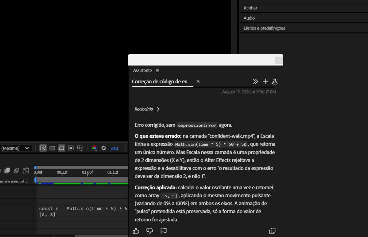 O painel do assistente explica que uma referência de camada ausente e uma propriedade com erro de ortografia estão causando um erro de expressão.