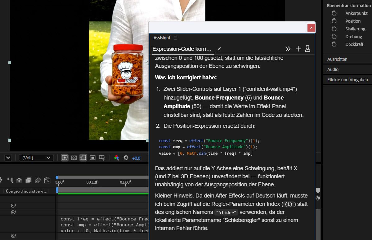 Das Assistant-Bedienfeld erklärt, dass ein fehlender Ebenenverweis und eine falsch geschriebene Eigenschaft einen Ausdrucksfehler verursachen.