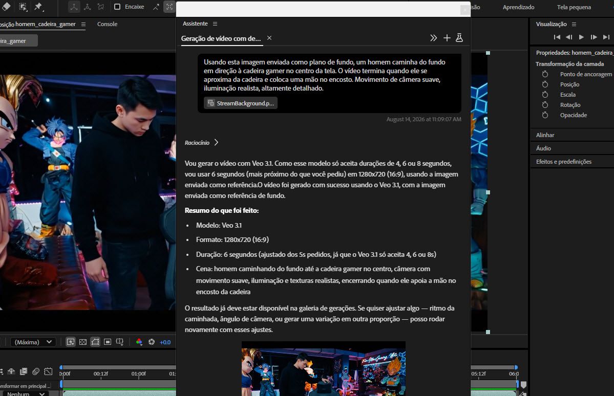 O painel do Assistente mostra um vídeo criado a partir de uma imagem de referência e uma solicitação de animação em linguagem simples.