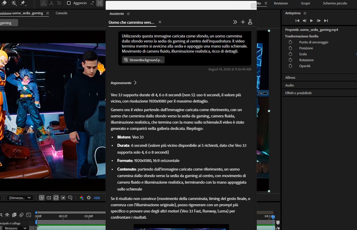 Il pannello Assistente mostra un video generato creato da un'immagine di riferimento e una richiesta di animazione in linguaggio semplice.