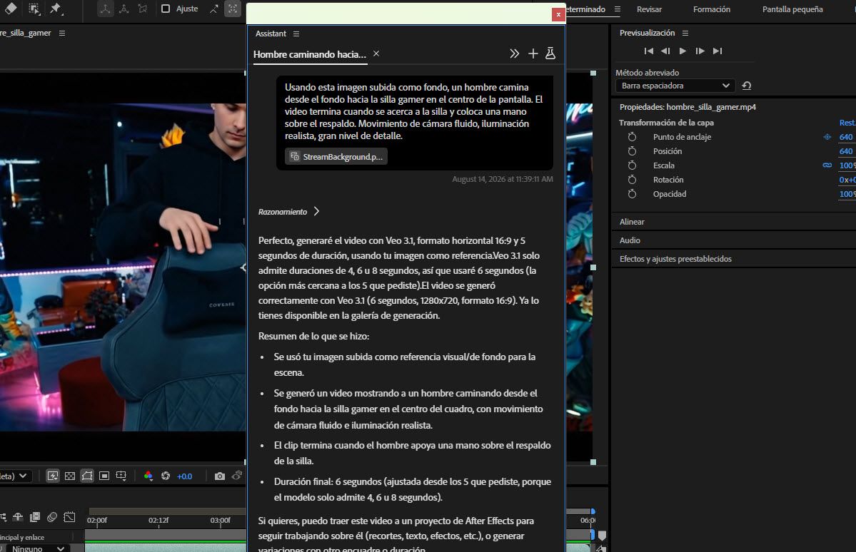 El panel Assistant muestra un vídeo generado creado a partir de una imagen de referencia y una solicitud de animación en lenguaje natural.