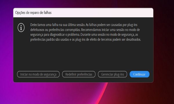 Caixa de diálogo de opções de reparo de falhas quando o After Effects é reiniciado após uma falha.