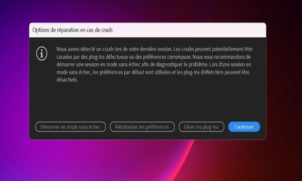 Boîte de dialogue Options de réparation en cas de crash lorsqu’After Effects est relancé après un crash.