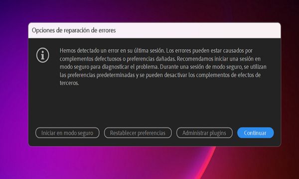 Cuadro de diálogo Opciones de reparación de errores cuando se reinicia After Effects después de un bloqueo.