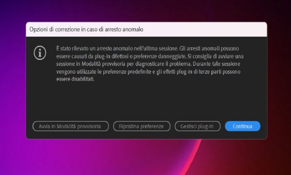 Finestra di dialogo Opzioni di riparazione in caso di arresto anomalo quando After Effects viene riavviato dopo un arresto anomalo.