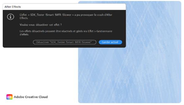 Boîte de dialogue expliquant quel effet a pu faire l’objet d’un crash lors de la dernière session et les options vous permettant de le maintenir activé et de procéder tel quel ou de désactiver l’effet.