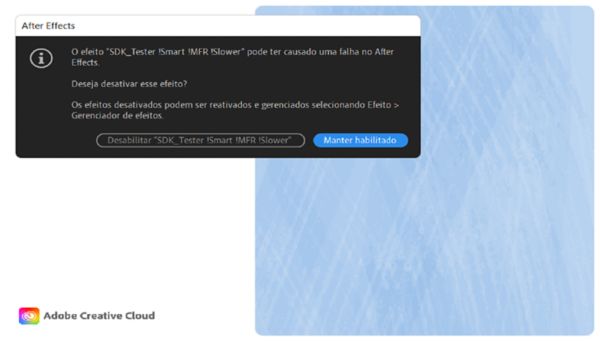 Uma caixa de diálogo explicando qual efeito pode ter falhado durante a última sessão e as opções para prosseguir com ele ativado ou desativar o efeito.
