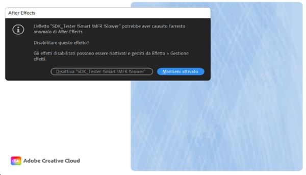 Una finestra di dialogo spiega quale effetto può aver causato l’arresto anomalo durante l’ultima sessione e le opzioni per mantenerlo attivato e continuare come previsto oppure disattivarlo.