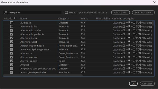 O Gerenciador de efeitos lista todos os efeitos, incluindo aqueles que falharam recentemente.