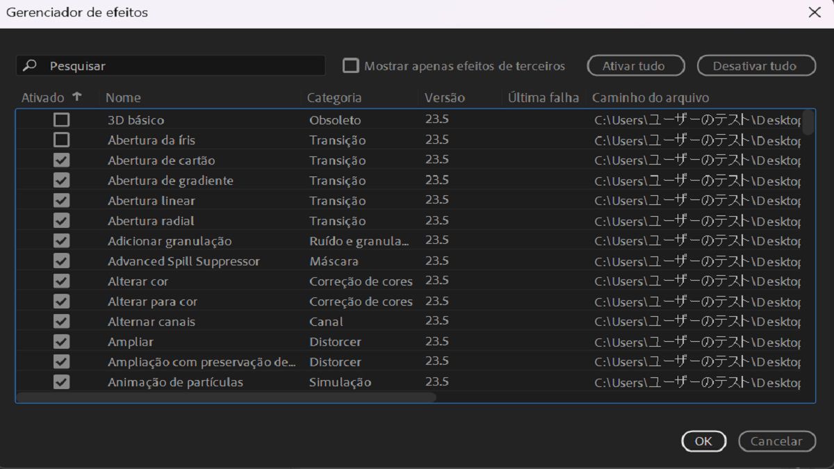 O gerenciador de efeitos lista todos os efeitos, incluindo os detalhes da falha.