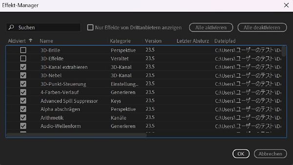 Im Effekt-Manager sind alle Effekte aufgelistet, einschließlich der kürzlich abgestürzten.