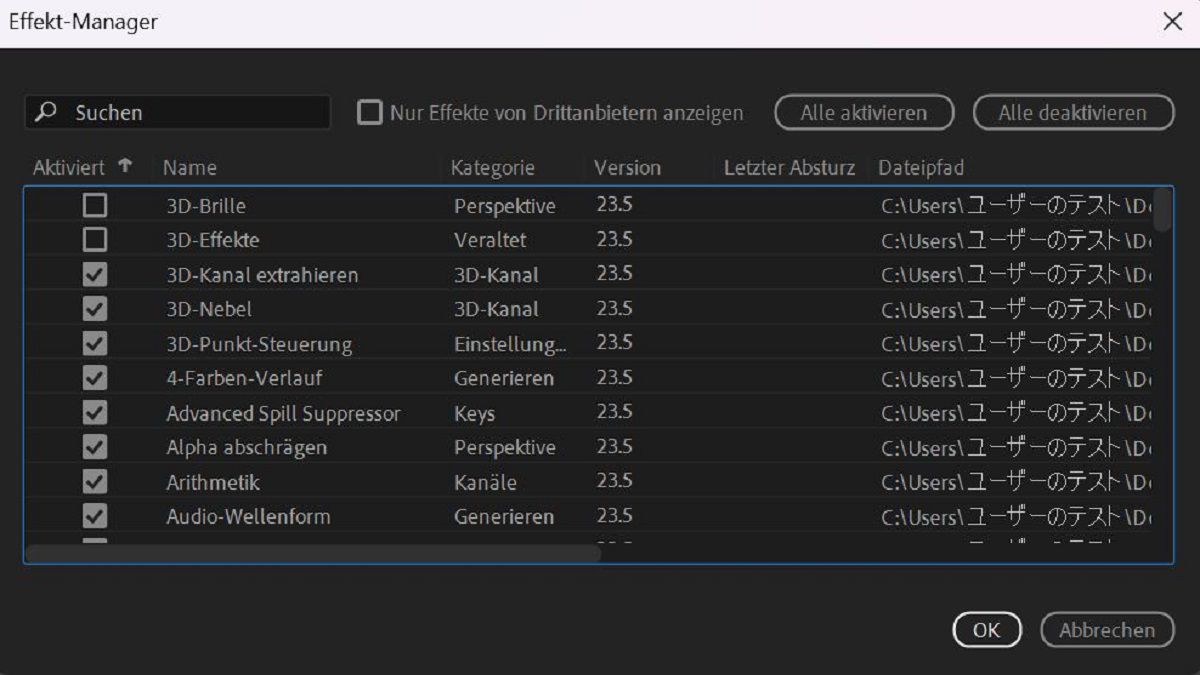 Der Effekt-Manager listet alle Effekte auf, einschließlich Absturzdetails.