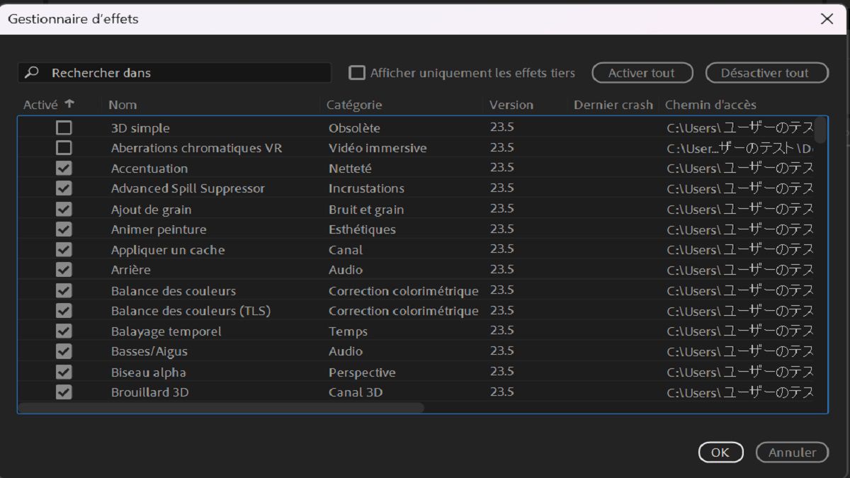 Le gestionnaire d’effets répertorie tous les effets, y compris les détails des crashs.