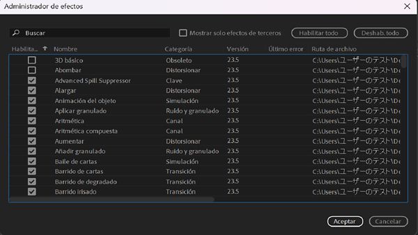 El Administrador de efectos enumera todos los efectos, incluidos los que se han bloqueado recientemente.
