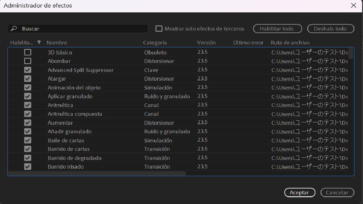 El Administrador de efectos enumera todos los efectos, incluidos los detalles del bloqueo.