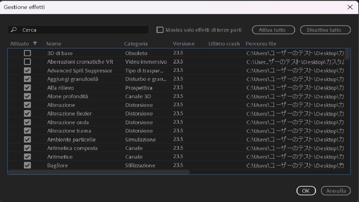 Gestione effetti elenca tutti gli effetti, inclusi i dettagli dell’arresto anomalo.